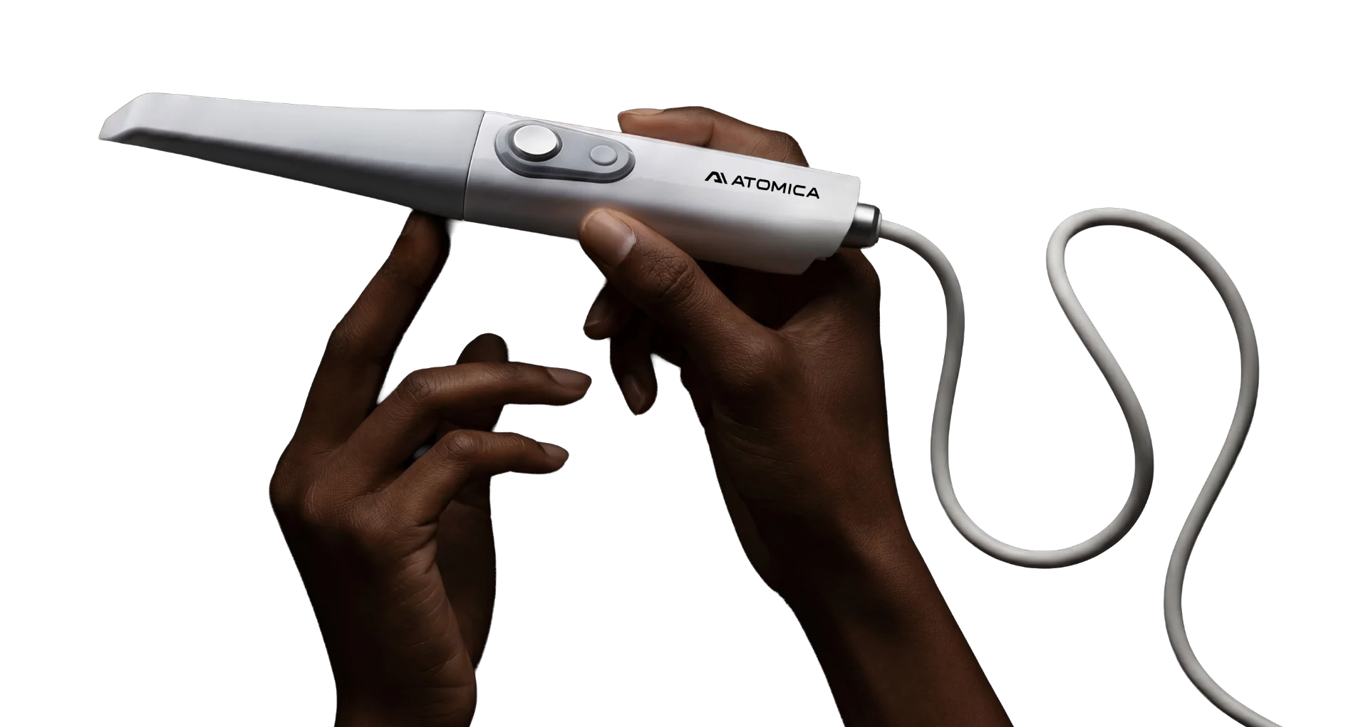 Atomica intraoral scanner held in hand